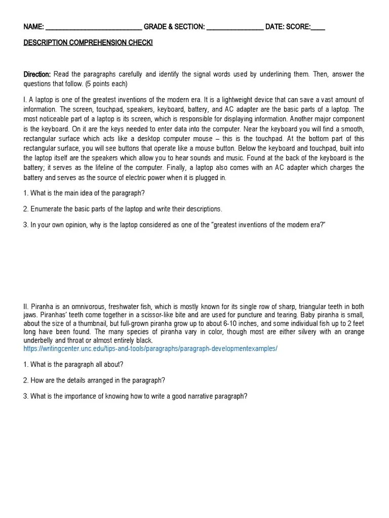 Descriptive Writing Quiz PDF