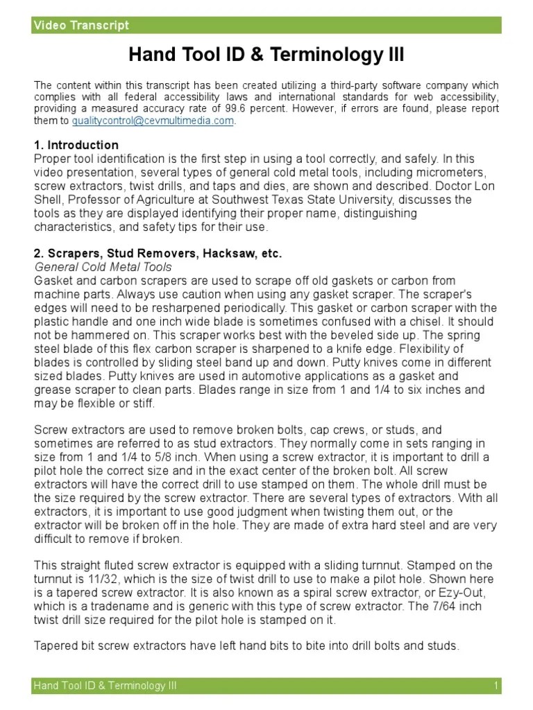 Hand Tool ID & Terminology III Video Transcript PDF Screw Drill