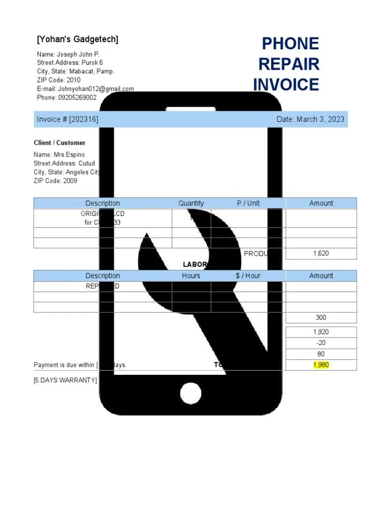 Cell Phone Repair Invoice Template PDF
