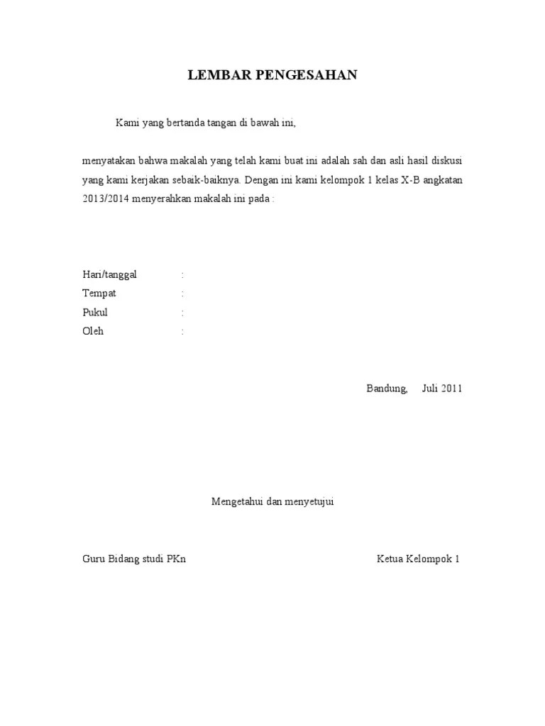 Contoh Lembar Pengesahan Makalah Kelompok - Contoh Makalah