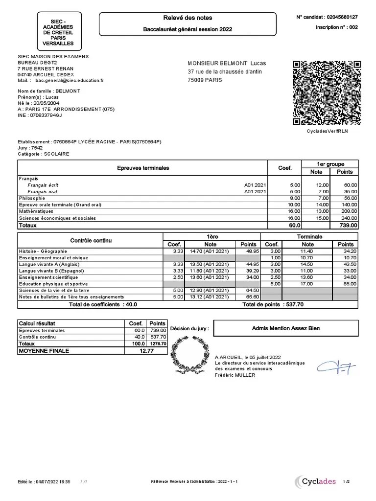 Releve de Notes 204568012700002 PDF