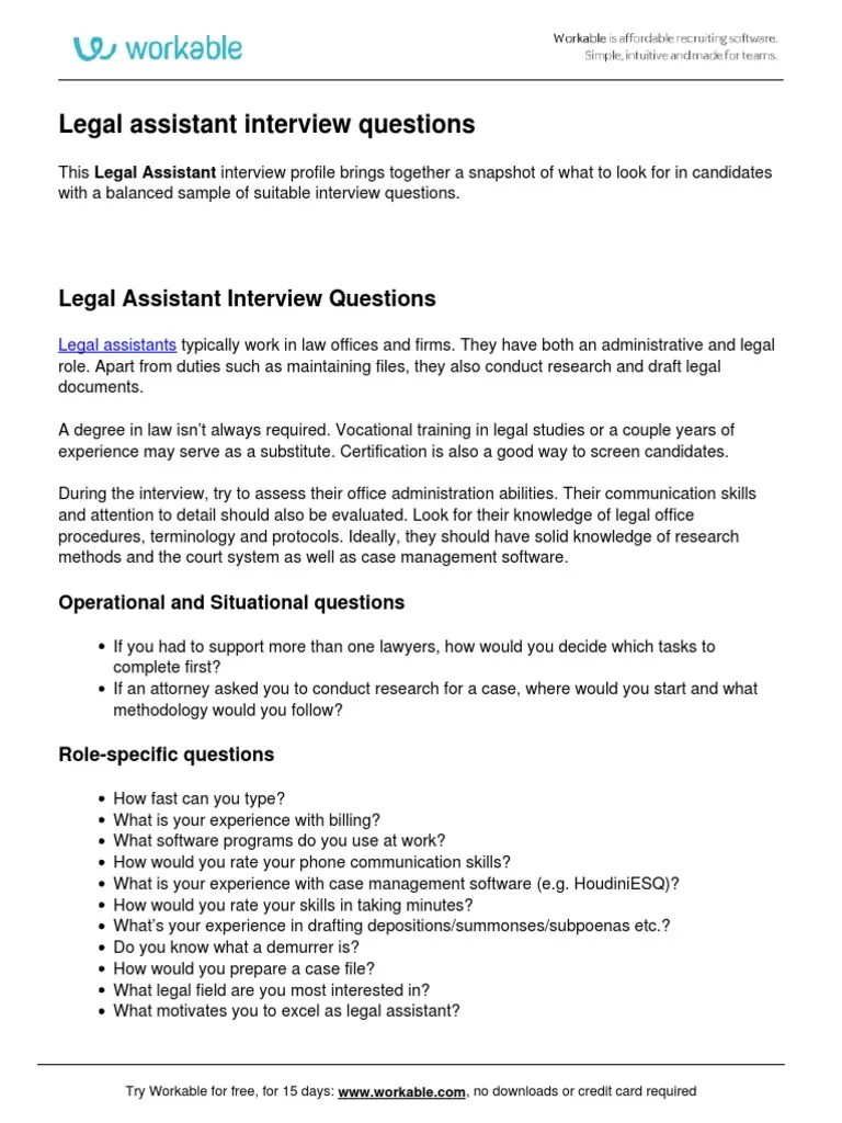 Legal Assistant Interview Questions PDF Paralegal Lawyer