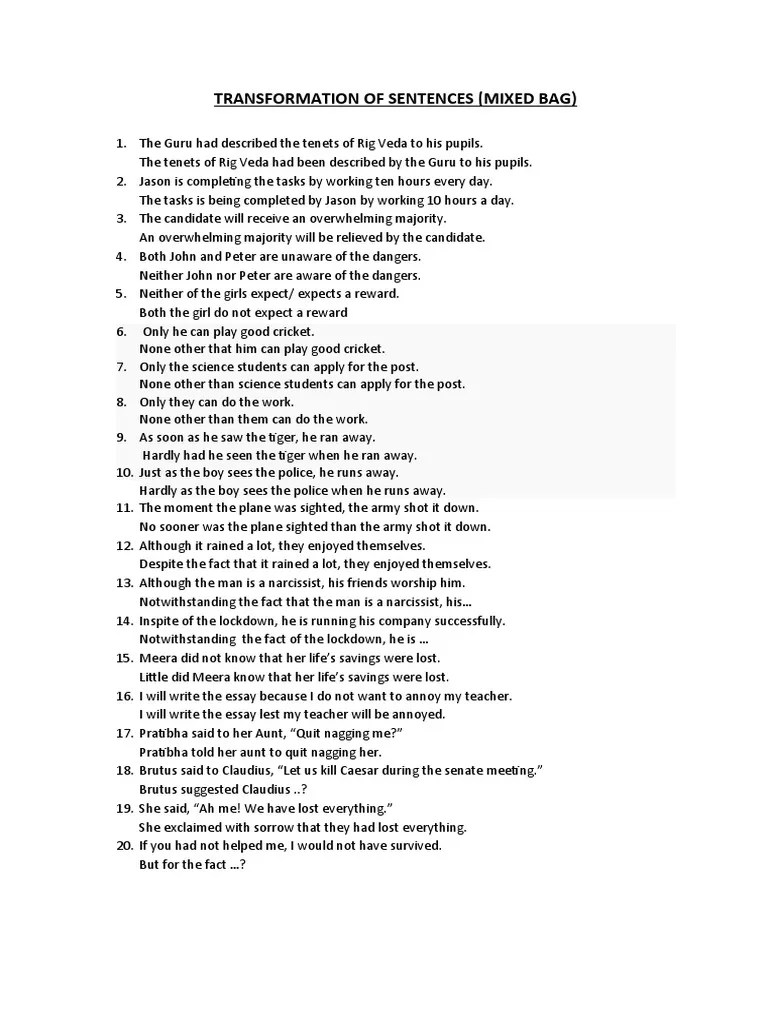 Transformation Sentences (Mixed Bag) PDF