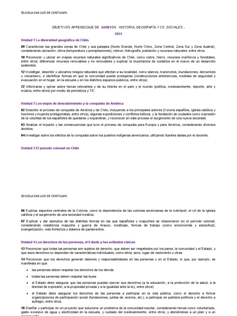 Objetivos Aprendizaje Quintos 2023 PDF Chile España