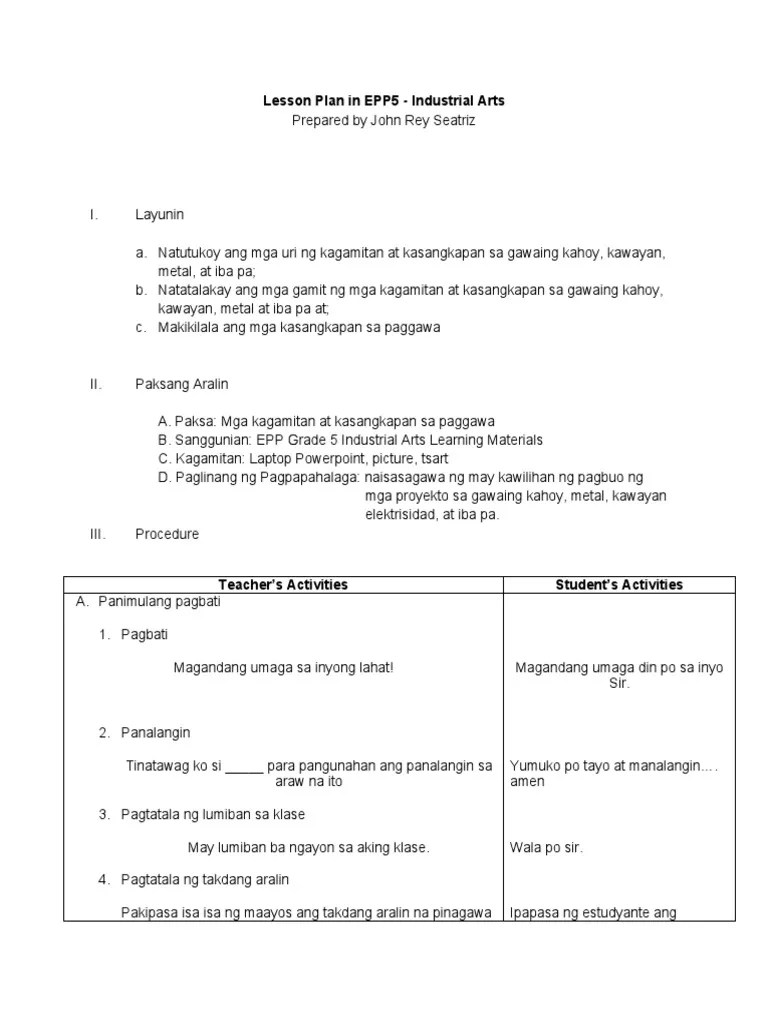 5e's Lesson Plan in EPP5 Industrial Arts PDF