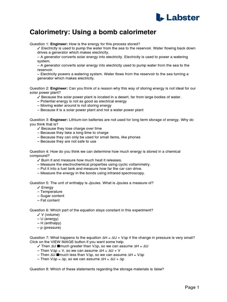 Questions Calorimetry Using A Bomb Calorimeter PDF Power Station