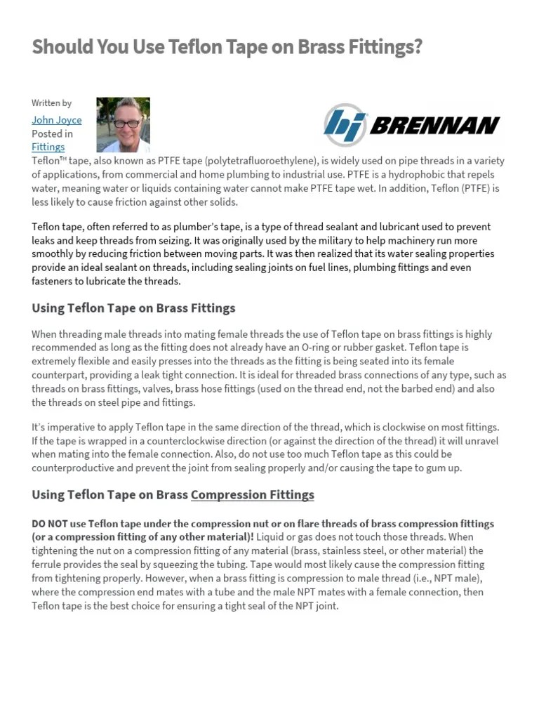 Should You Use Teflon Tape With Brass Fittings PDF Pipe (Fluid