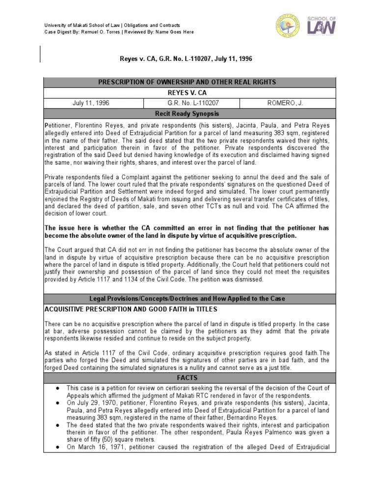 Reyes V CA 1996 Case Digest PDF Deed Injunction