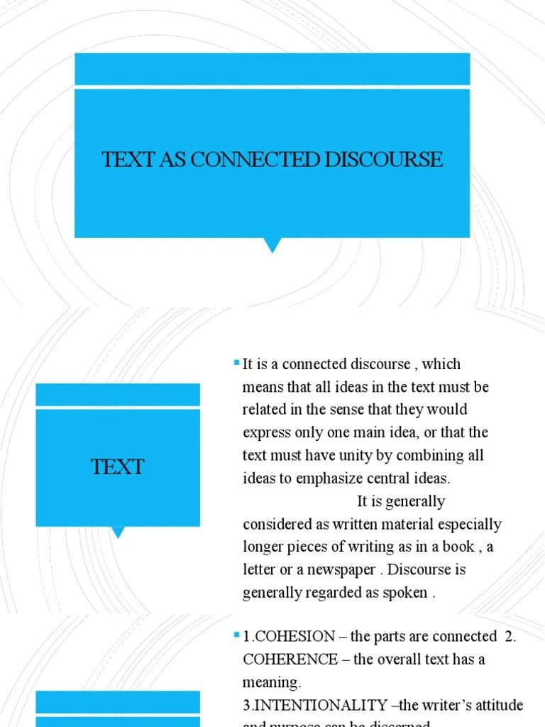Text As Connected Discourse PDF Discourse Cognition
