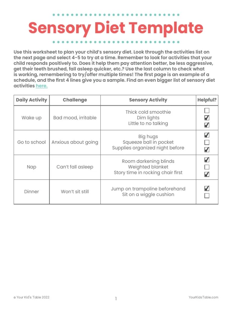 Sensory Diet Template and Activities 1 PDF