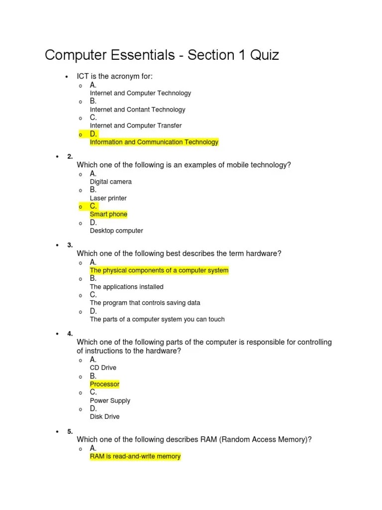 ICDL Computer Essentials Answer1 PDF Computer Data Storage