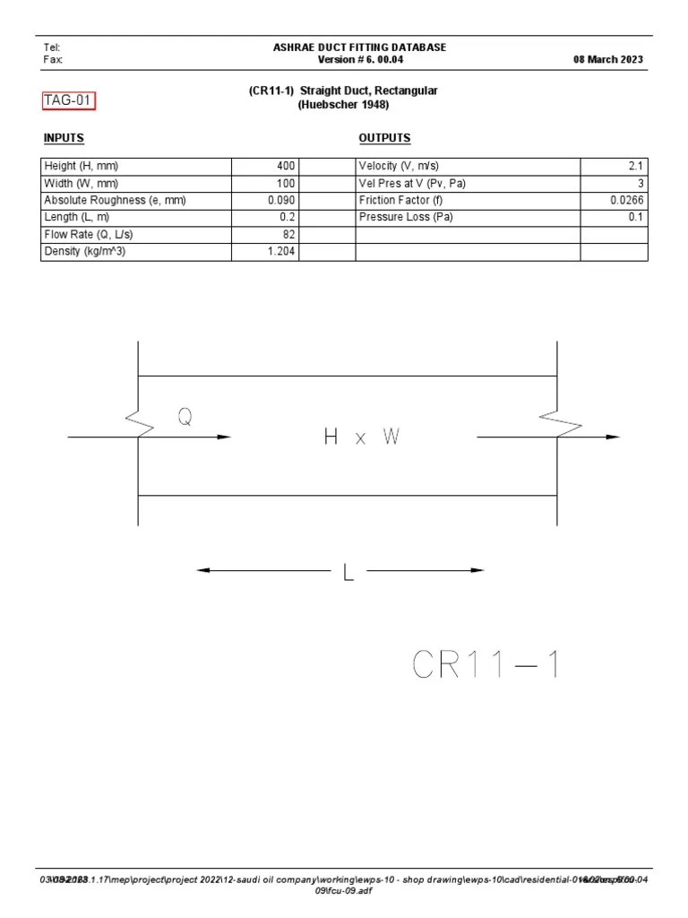 Tel Ashrae Duct Fitting Database Fax Version 6. 00.04 08 March 2023