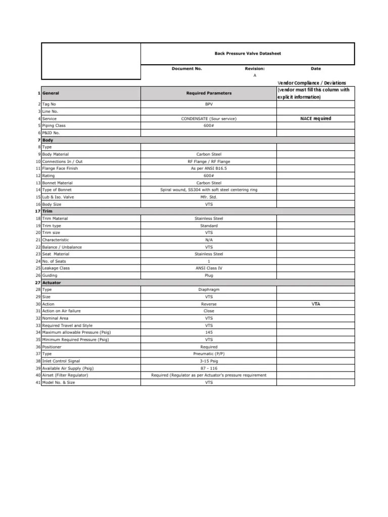 Back Pressure Valve (BPV) Datasheet PDF Valve Pressure