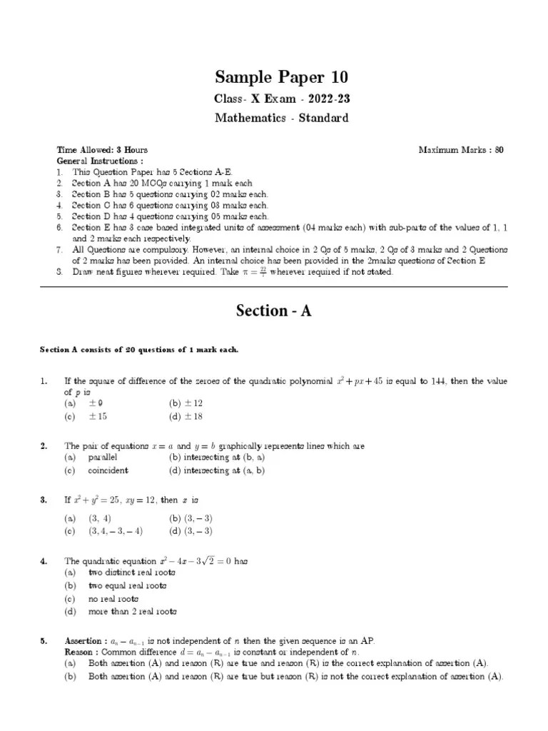 Class 10 Math Sample Paper 5 PDF Circle Trigonometric Functions