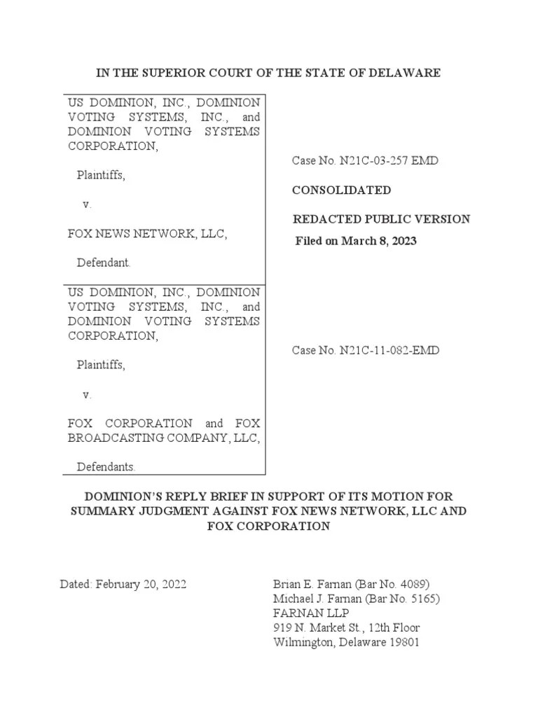 Fox Dominion Lawsuit Summary Judgment Reply Brief PDF Defamation