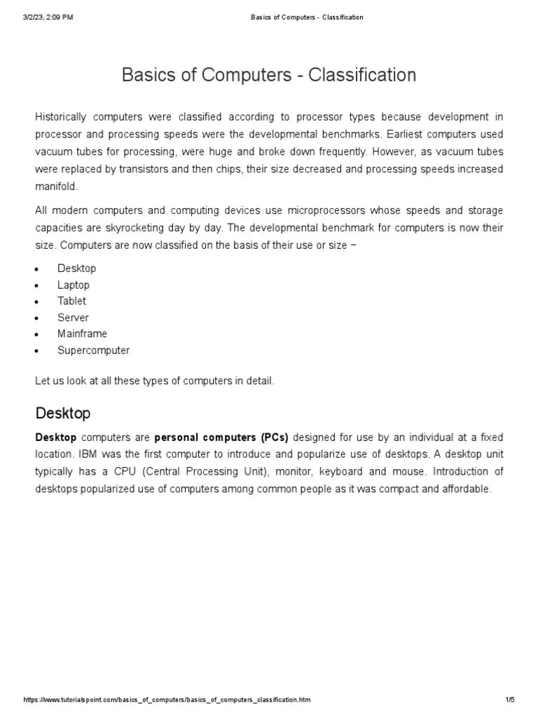 Basics of Computers Classification PDF Download Free PDF Tablet
