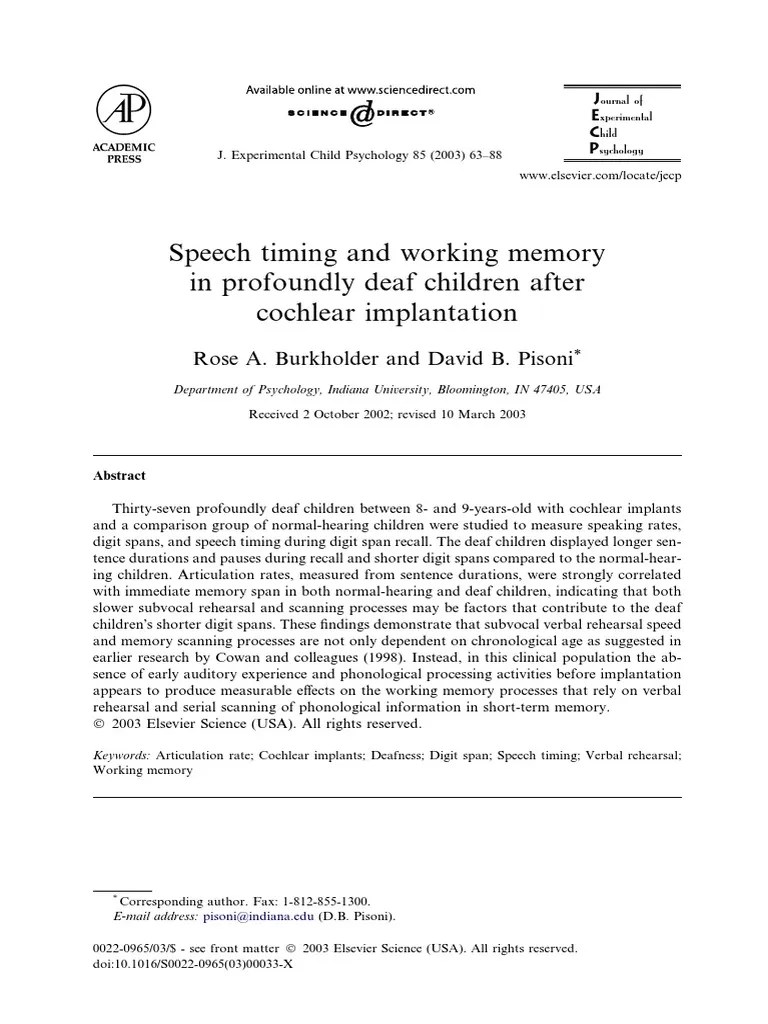 Speech Timing and Working Memory PDF Memory Recall (Memory)