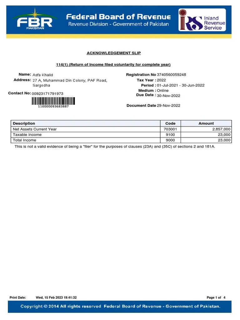 Voluntary Tax Return Filing for Tax Year 2022 Acknowledgement