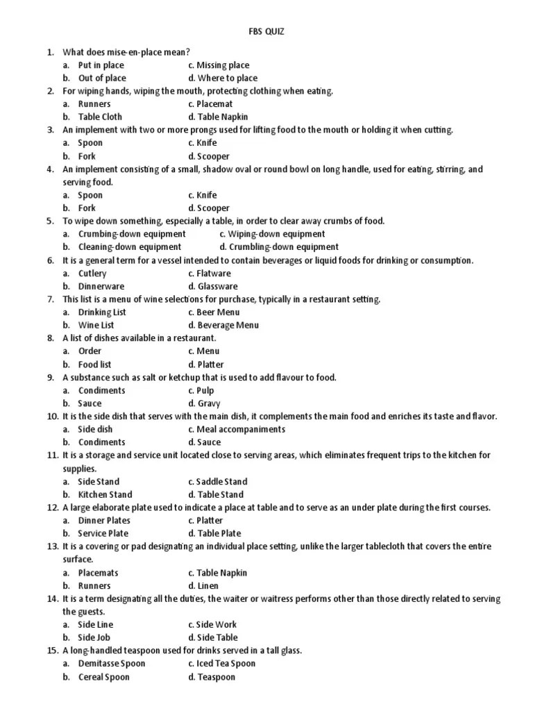 FBS Quiz PDF Tableware Teaspoon