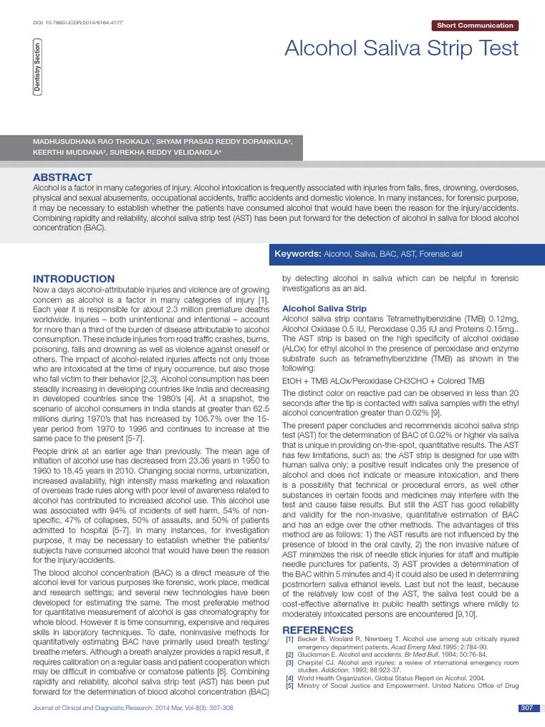 Evaluation of Alcohol Saliva Strip Tests as a Rapid and NonInvasive