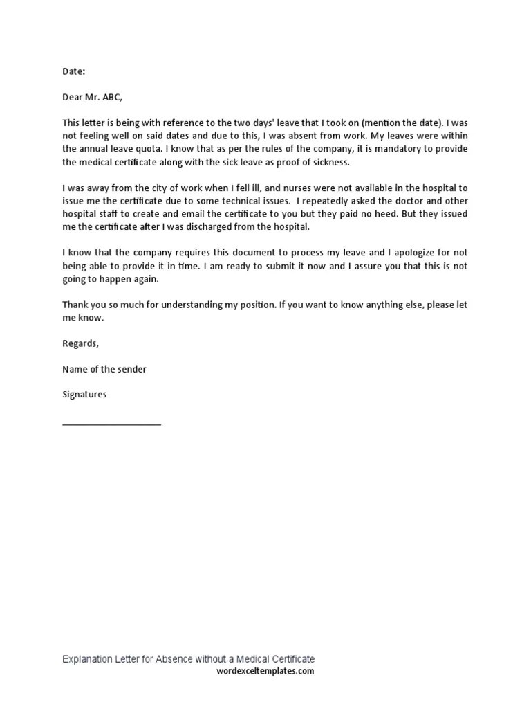 Explanation Letter For Absence Without A Medical Certificate 2 PDF