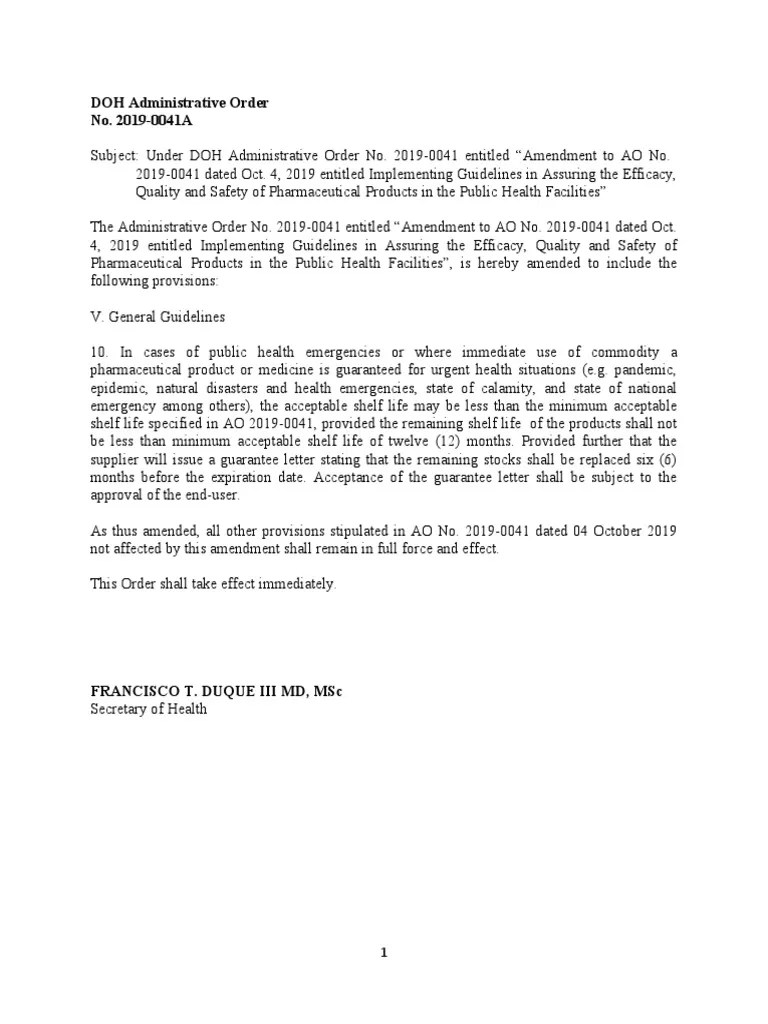 DOH Admin Order 20190041A Shelf Life of Drugs and Medicines PDF