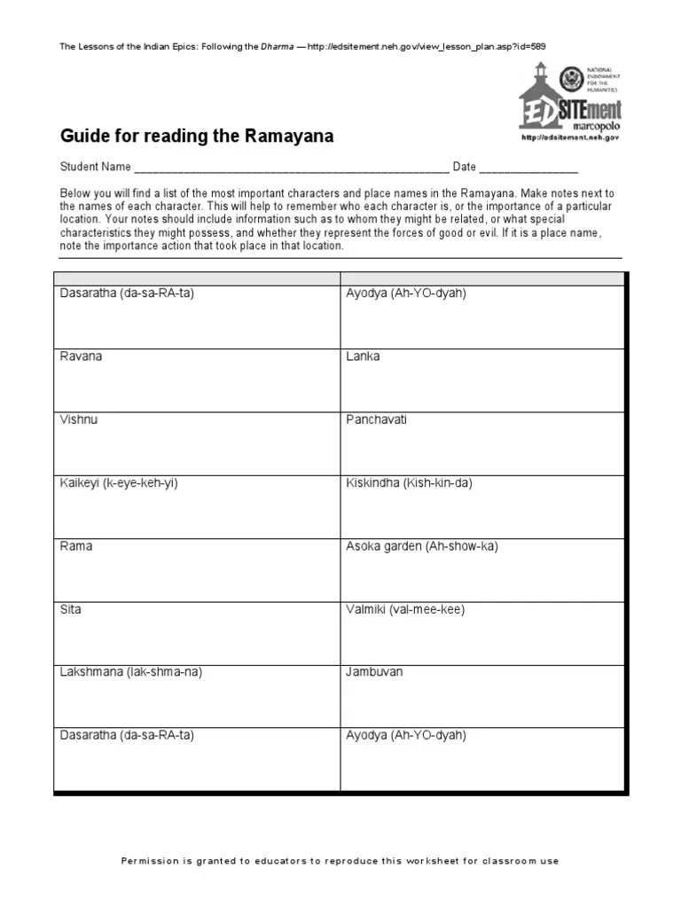 Lessons of The Indian Epics The Ramayana Worksheet 1 Reading Guide For The Ramayana PDF
