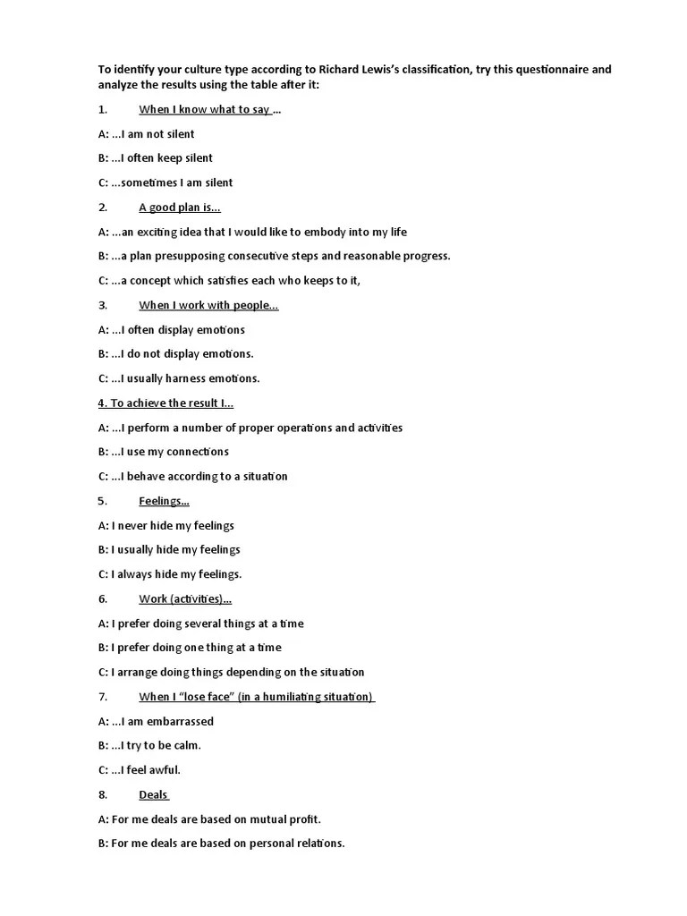 Lewis Culture Types Questionnaire PDF Human Communication Cognition