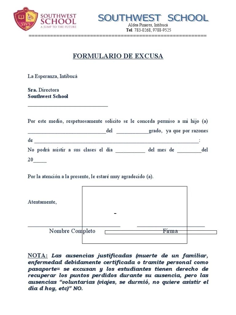 Formato de excusa de estudiante PDF