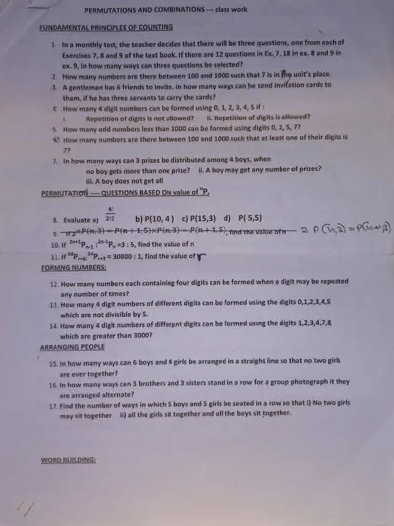 Permutations and Combinations Worksheet PDF Permutation Mathematics
