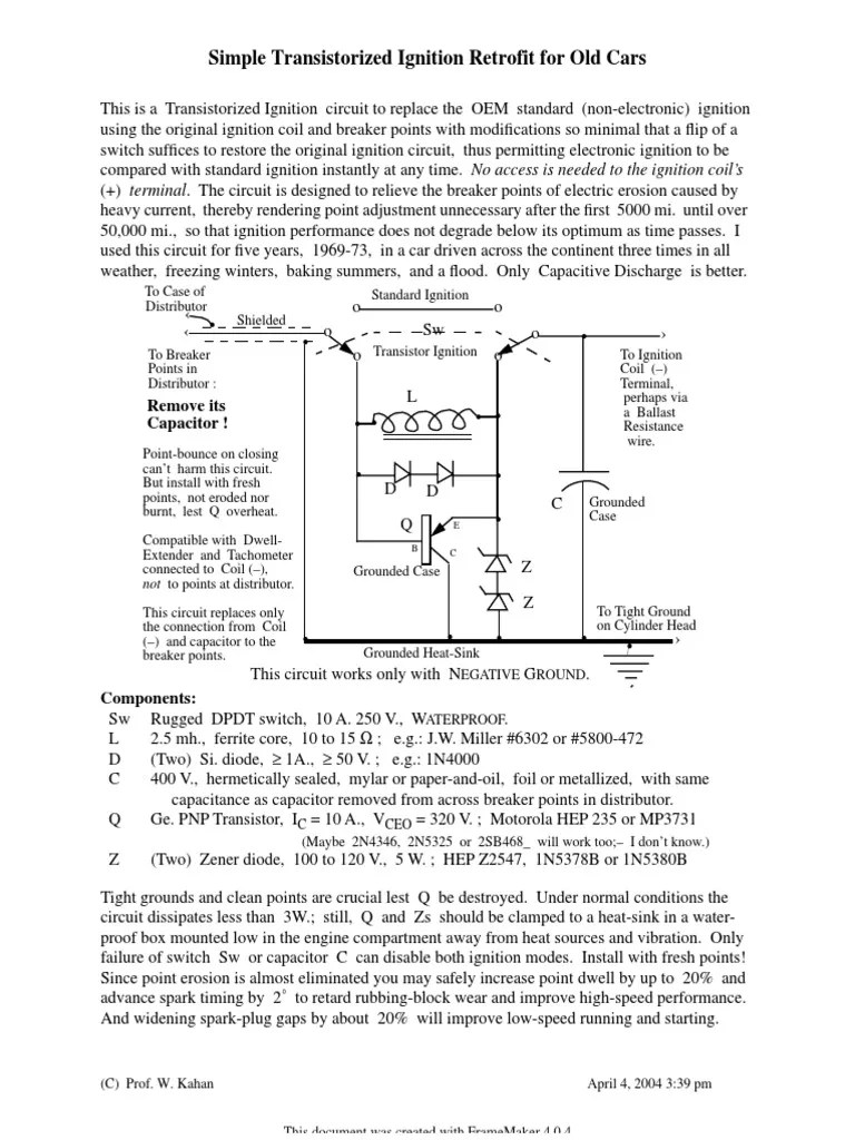 Simple Transistorized Ignition Retrofit For Old Cars Design PDF