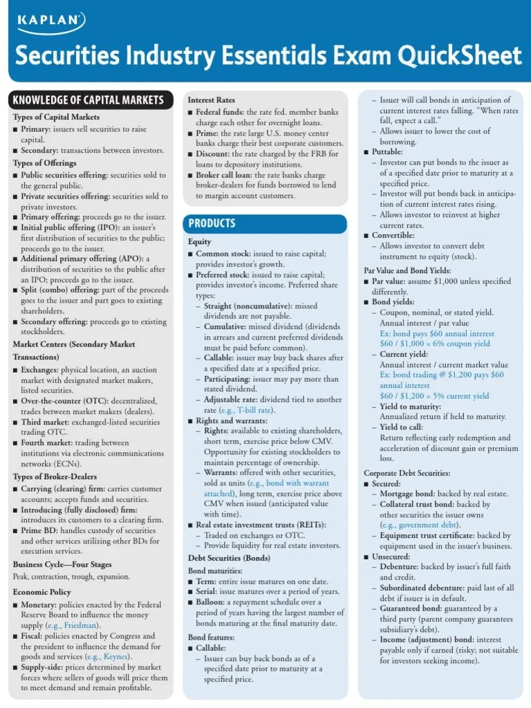 SIE QuickSheet, 2E PDF (Secured) PDF Bonds (Finance) Securities