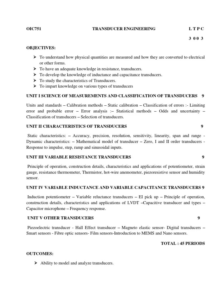 Oic751 Transducer Engineering L T P C PDF Sensor Electrical