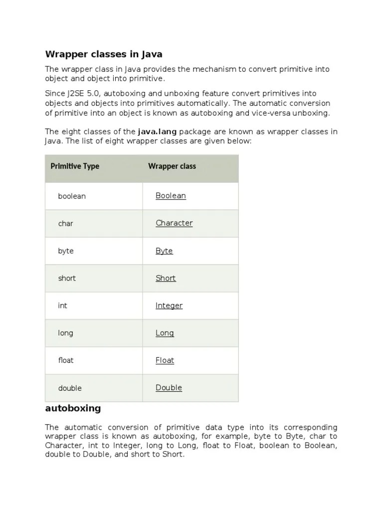 Java Wrapper Class PDF Integer Science) Computer Programming