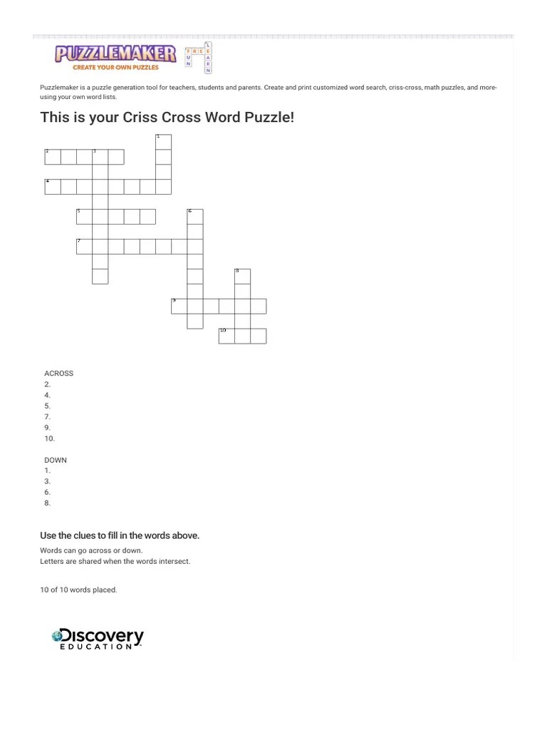 Criss Cross Puzzle Discovery Education Puzzlemaker PDF | PDF