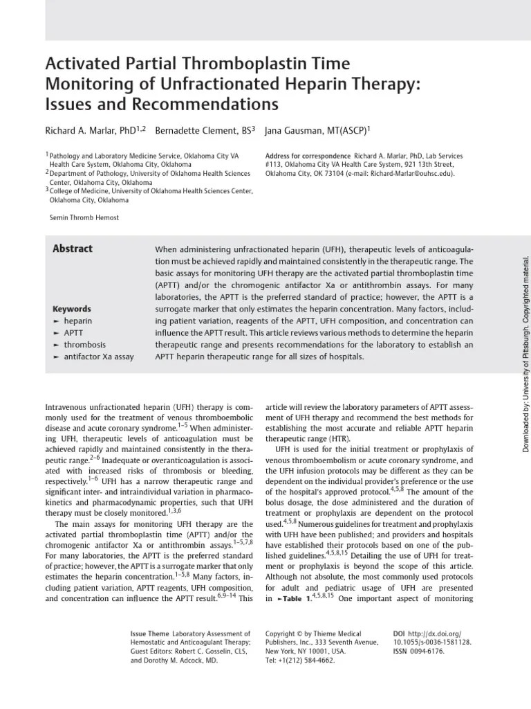 Activated Partial Thromboplastin Time Monitoring of Unfractionated Heparin Therapy PDF PDF