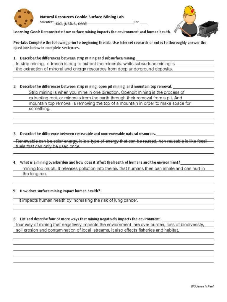 Cookie Mining Student Lab Sheet Handout PDF Surface Mining Mining