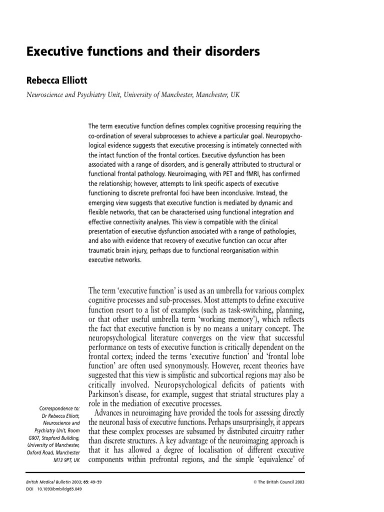 Executive Functions and Their Disorders PDF PDF Executive Functions Dorsolateral