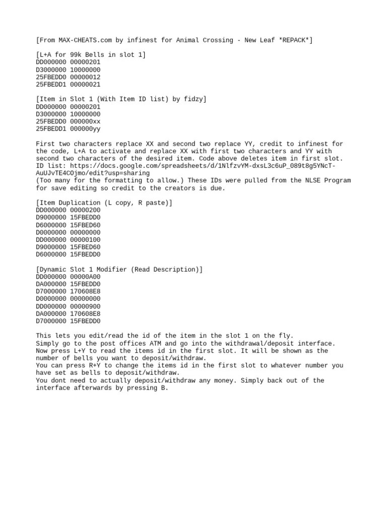 Animal Crossing New Leaf Cheat Codes PDF