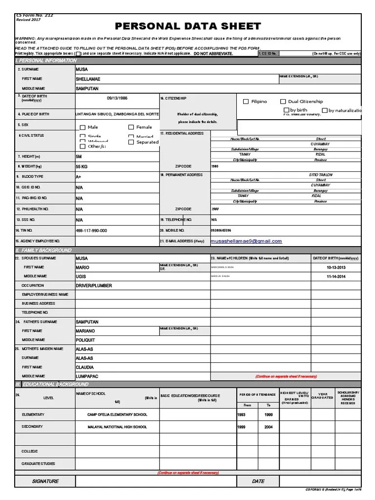 Cs Form No. 212 Revised Personal Data Sheet New PDF Government