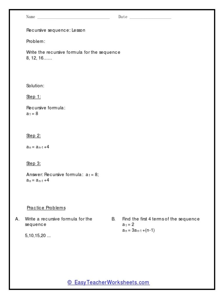 Recursive Formula Worksheet PDF | PDF