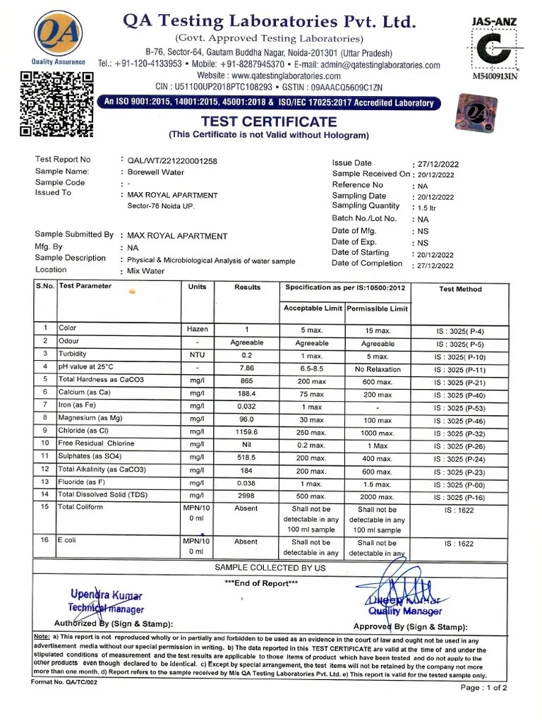 Water Test Report PDF PDF