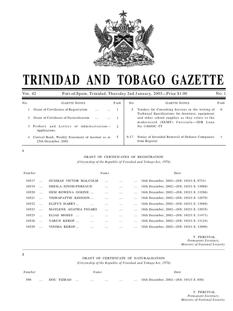 Trinidad and Tobago Gazette January 2003 Edition Highlights Recent