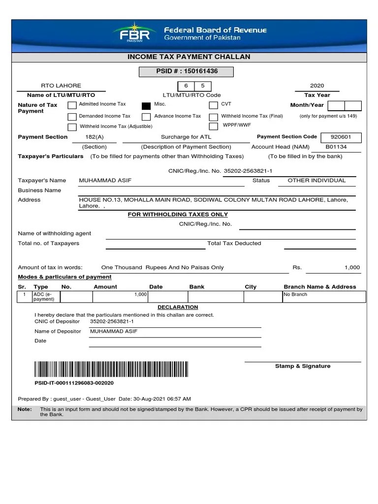 Payment of 1,000 Rupees Tax by Muhammad Asif for Tax Year 2020 According to Tax