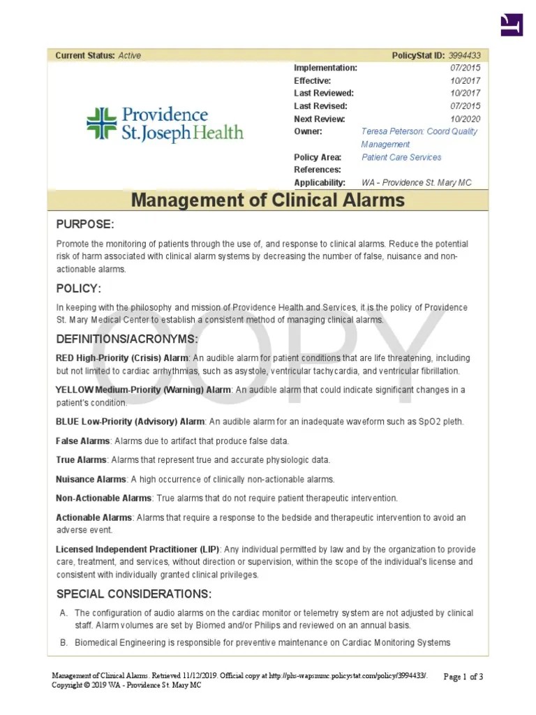 Management of Clinical Alarms PDF Biomedical Engineering Medical