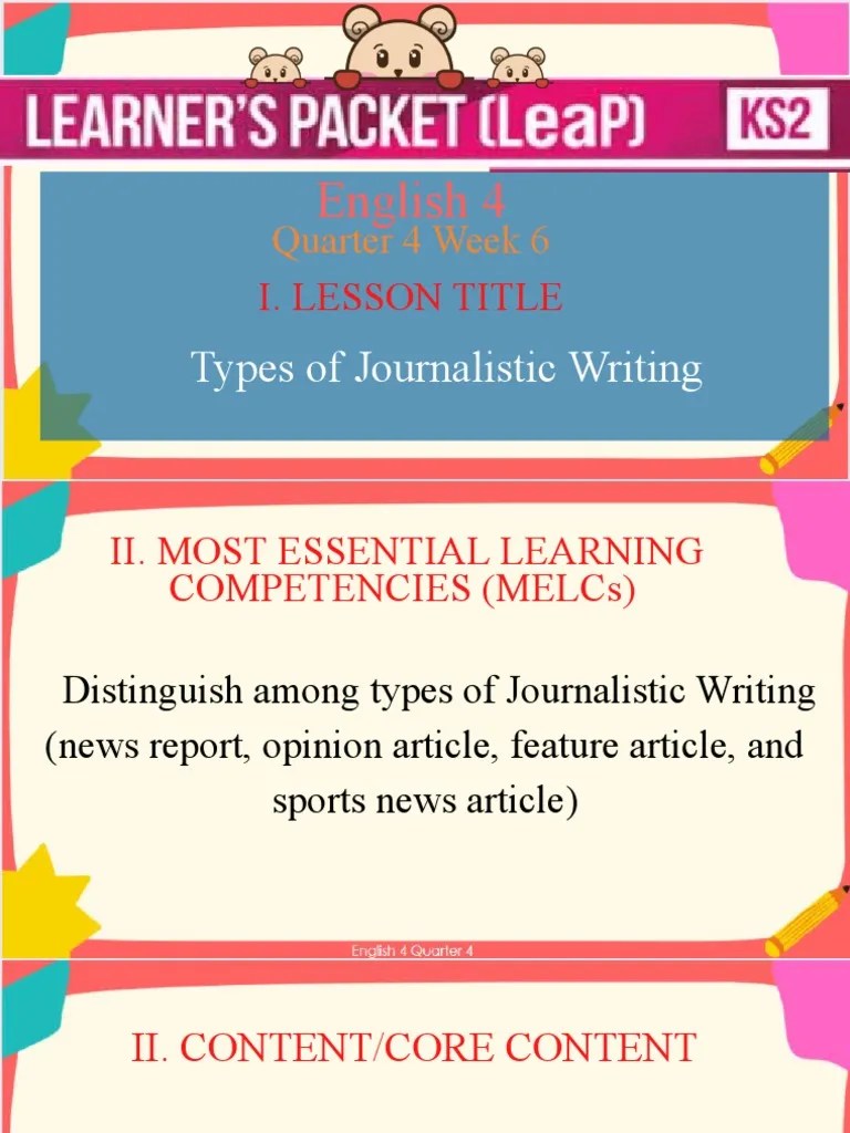 English 4 Quarter 4 Week 6 Types of Journalistic Writing PDF News