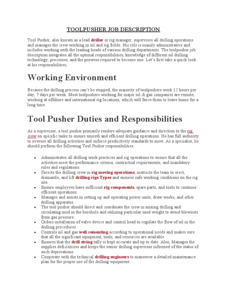 Toolpusher Job Description PDF Oil Well Drilling Rig