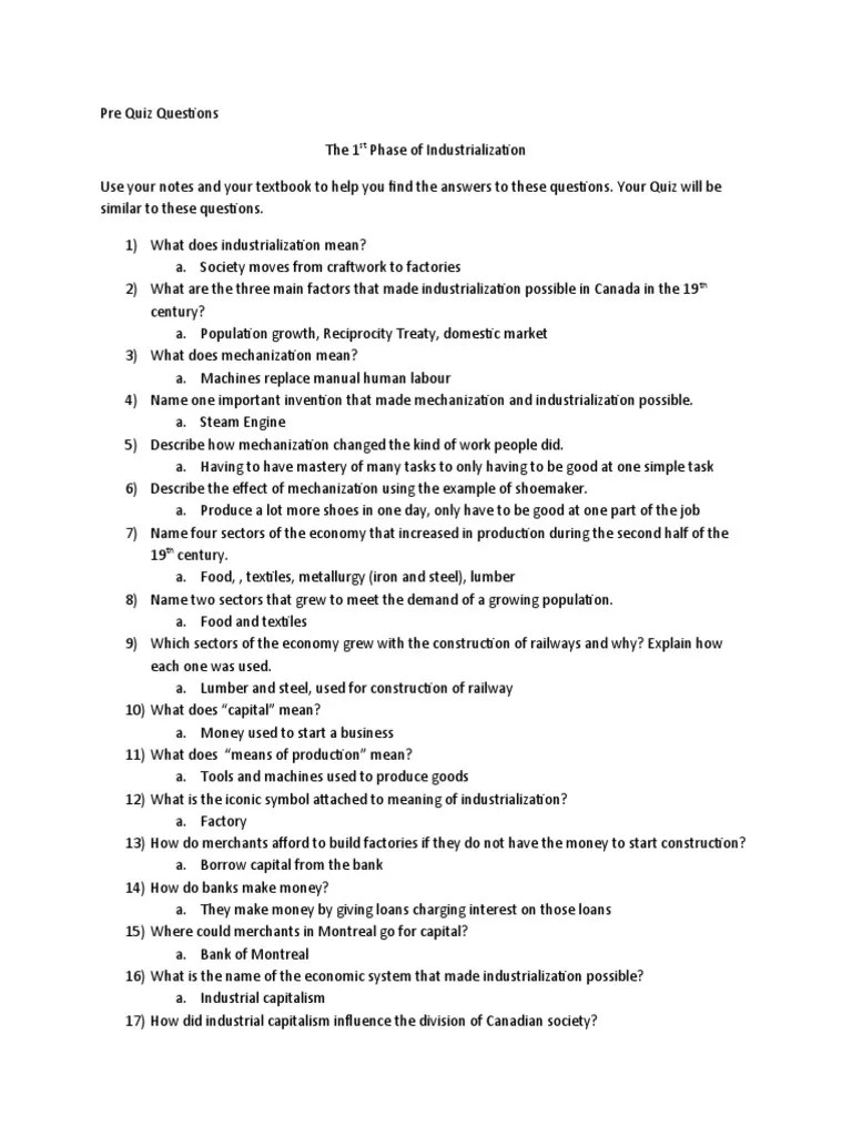 Pre Quiz Questions Industrialization With Answers PDF Mechanization
