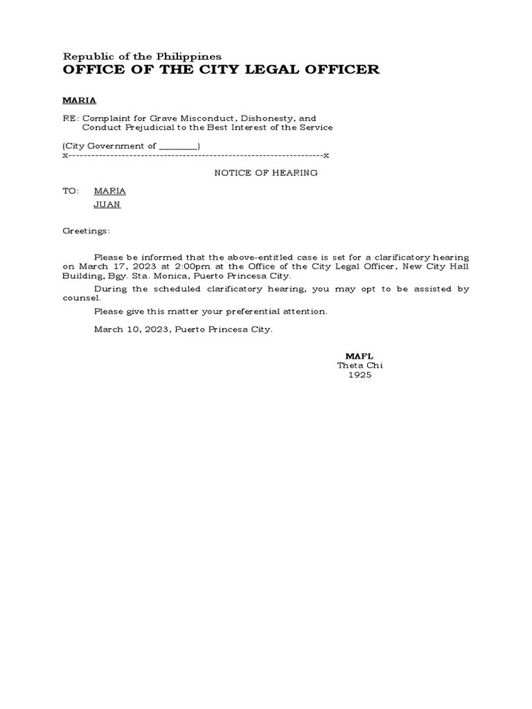 Sample Notice of Hearing Grave Misconduct PDF