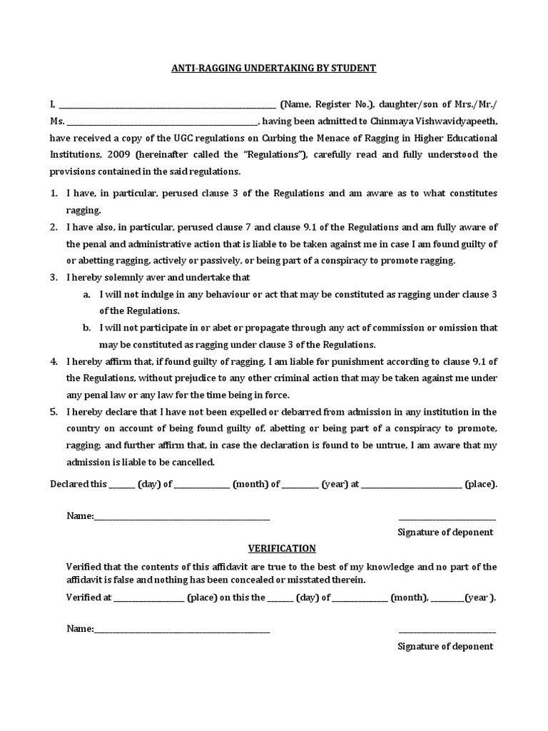 Anti Ragging UNDERTAKING BY STUDENT PDF Affidavit Ethical Principles
